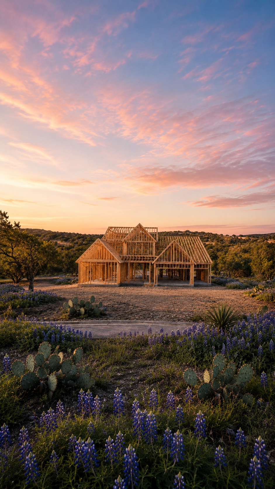 Southern Sage Farmhouse under construction at golden hour